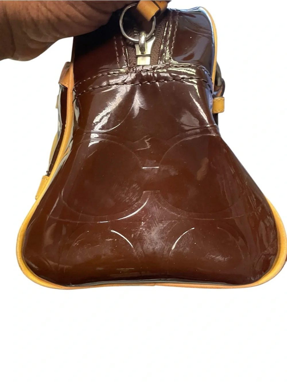 Coach Brown Patent Leather Shoulder Bag with Yellow Trim
